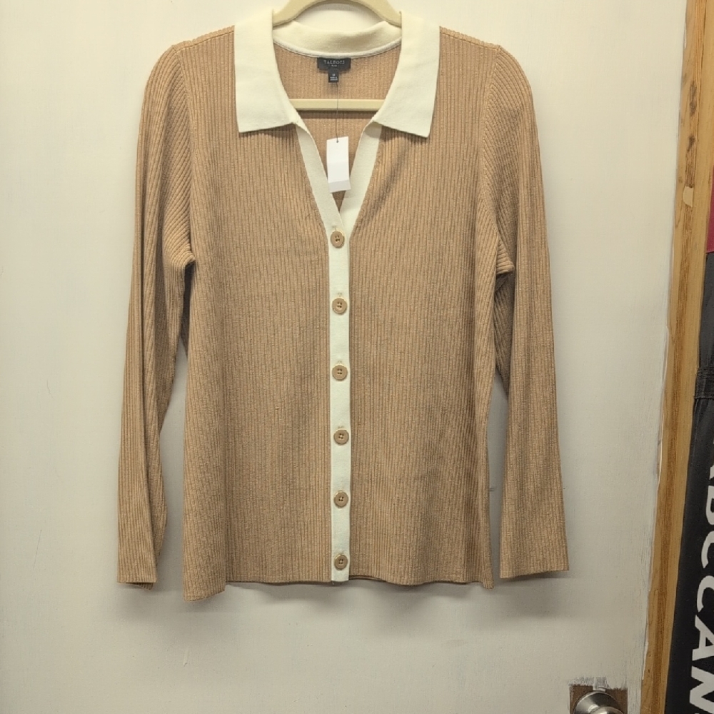 Talbots Tan and White Cardigan